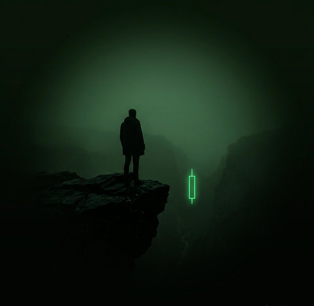 Introspective 3D image of man standing on a cliff edge looking down at large green trading candle in a valley surrounded by green mist and fog