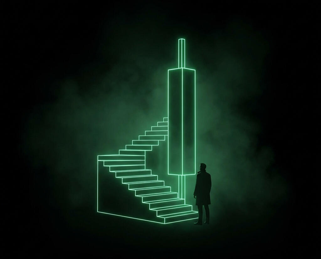 3D image of man standing in front of green lit ascending staircase and big green trading candle