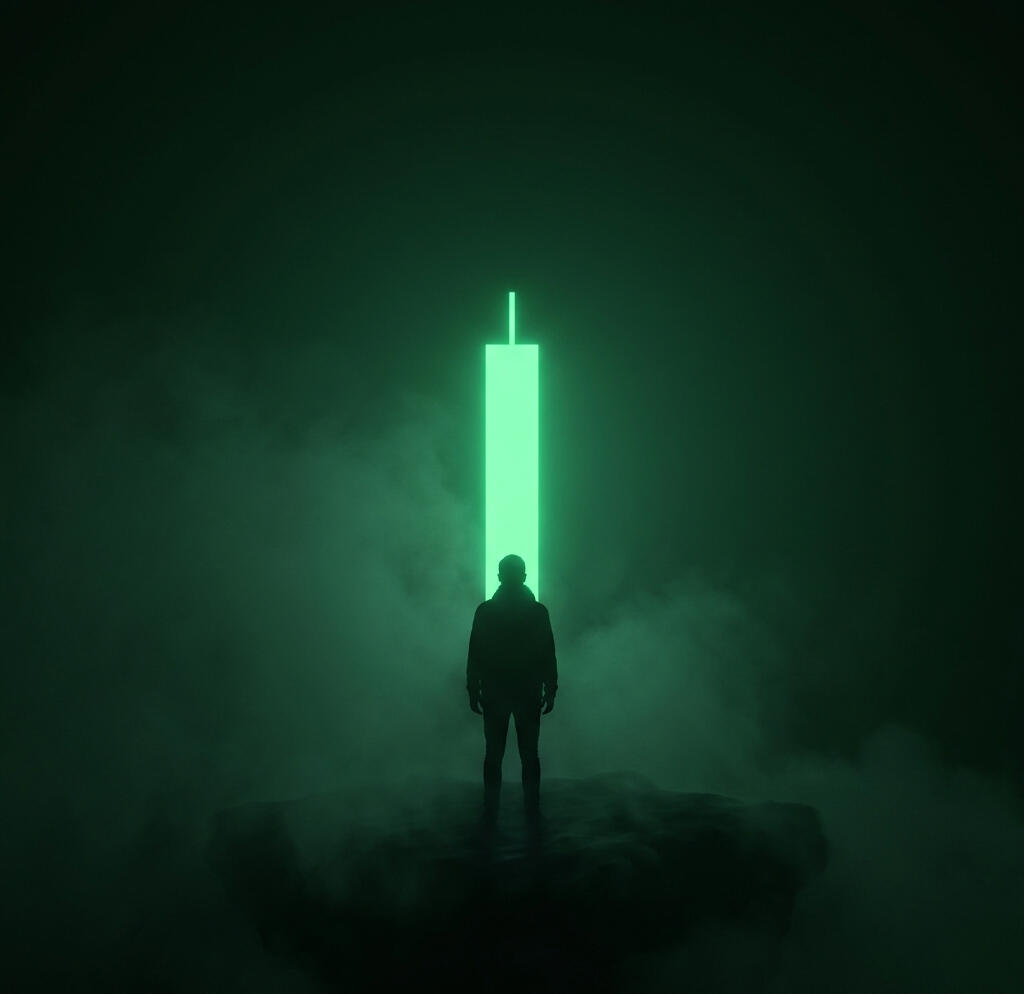 3D existential image of male figure standing on front of a large green glowing trading candle in the middle of fog and mist